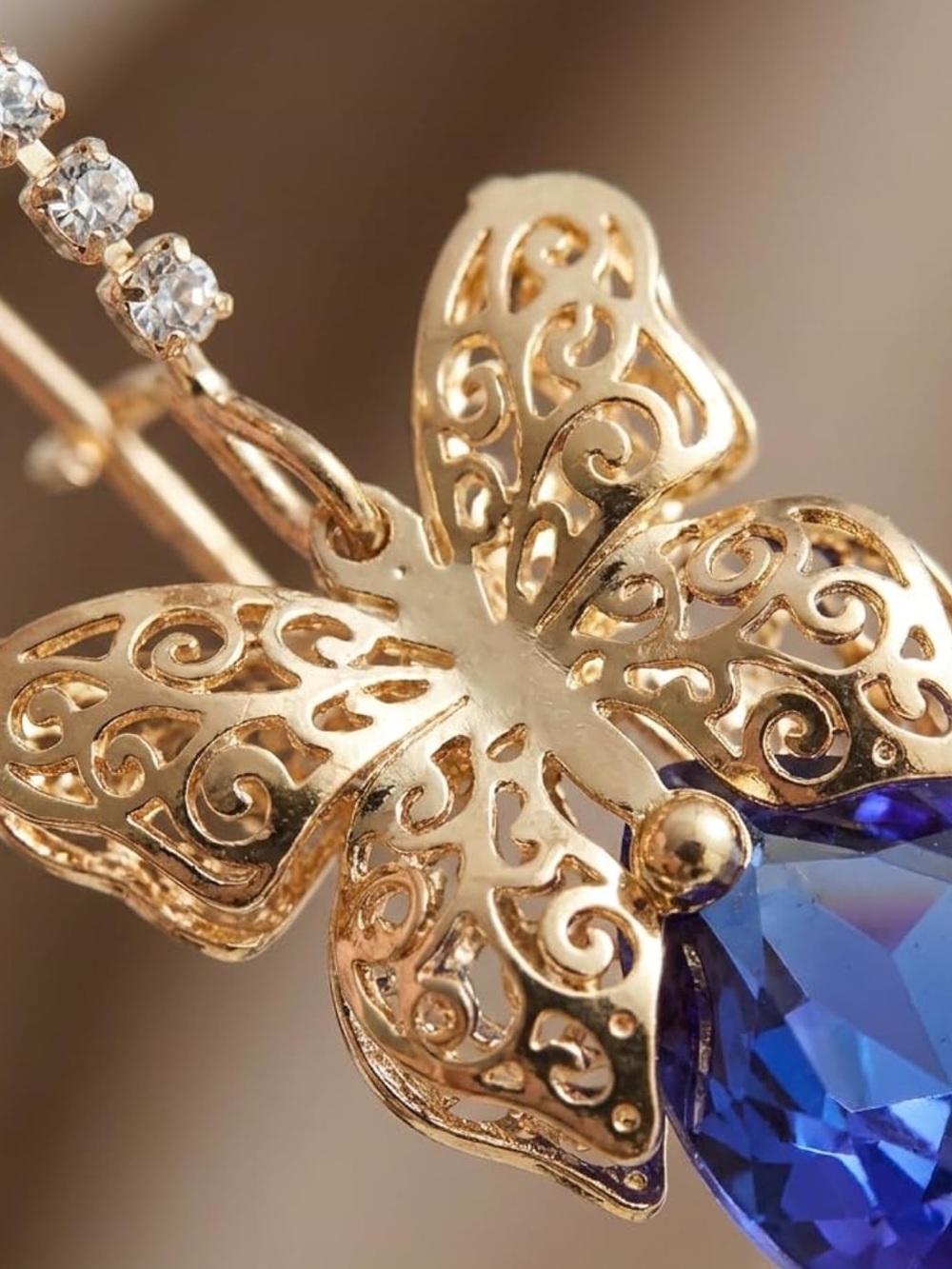 Anthropologie Gold Butterfly Earrings with Deep Blue Crystal - Picture 3 of 4